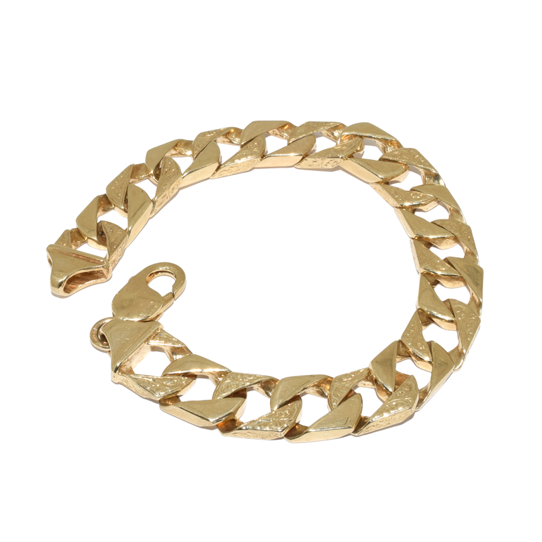 Lot - A VINTAGE 9CT GOLD CURB BRACELET; to a box clasp with safety chain  and clip, width 13mm, length 20cm, wt. 67.68g.